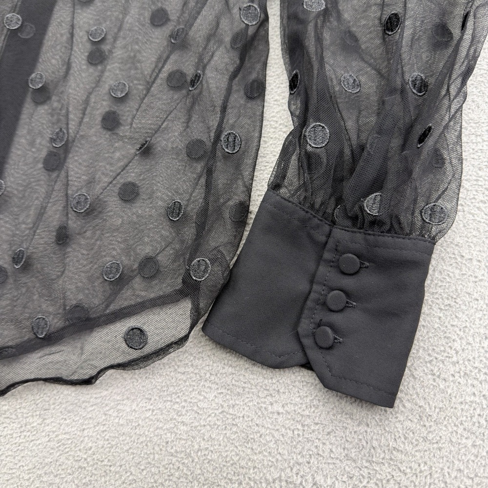 J Crew Sheer Tie Neck Long Sleeve Button Blouse Black Dotted Polka Dot Tulle S - Picture 15 of 16